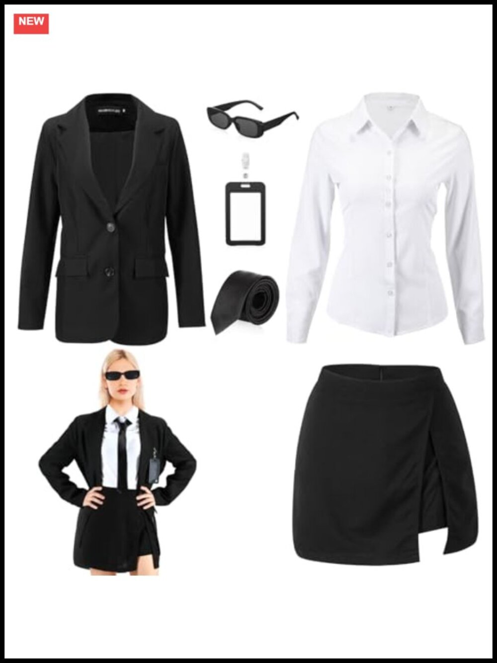 Women's Agent Costume Set Black Blazer Skirt Shirt Tie Sunglasses ID Badge